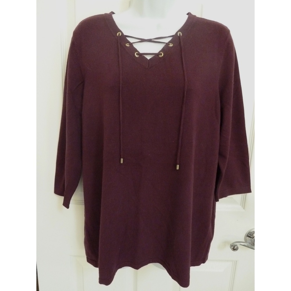 CHICO'S Sz 2=Large Lace Up Neck Sweater 3/4 Sleeve Pullover Burgundy